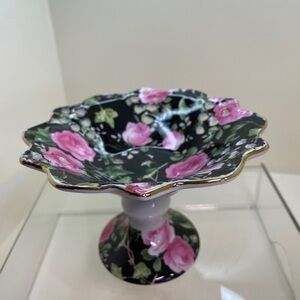 Floral Scalloped Pedestal Dish - Pink Roses on Black / Vintage